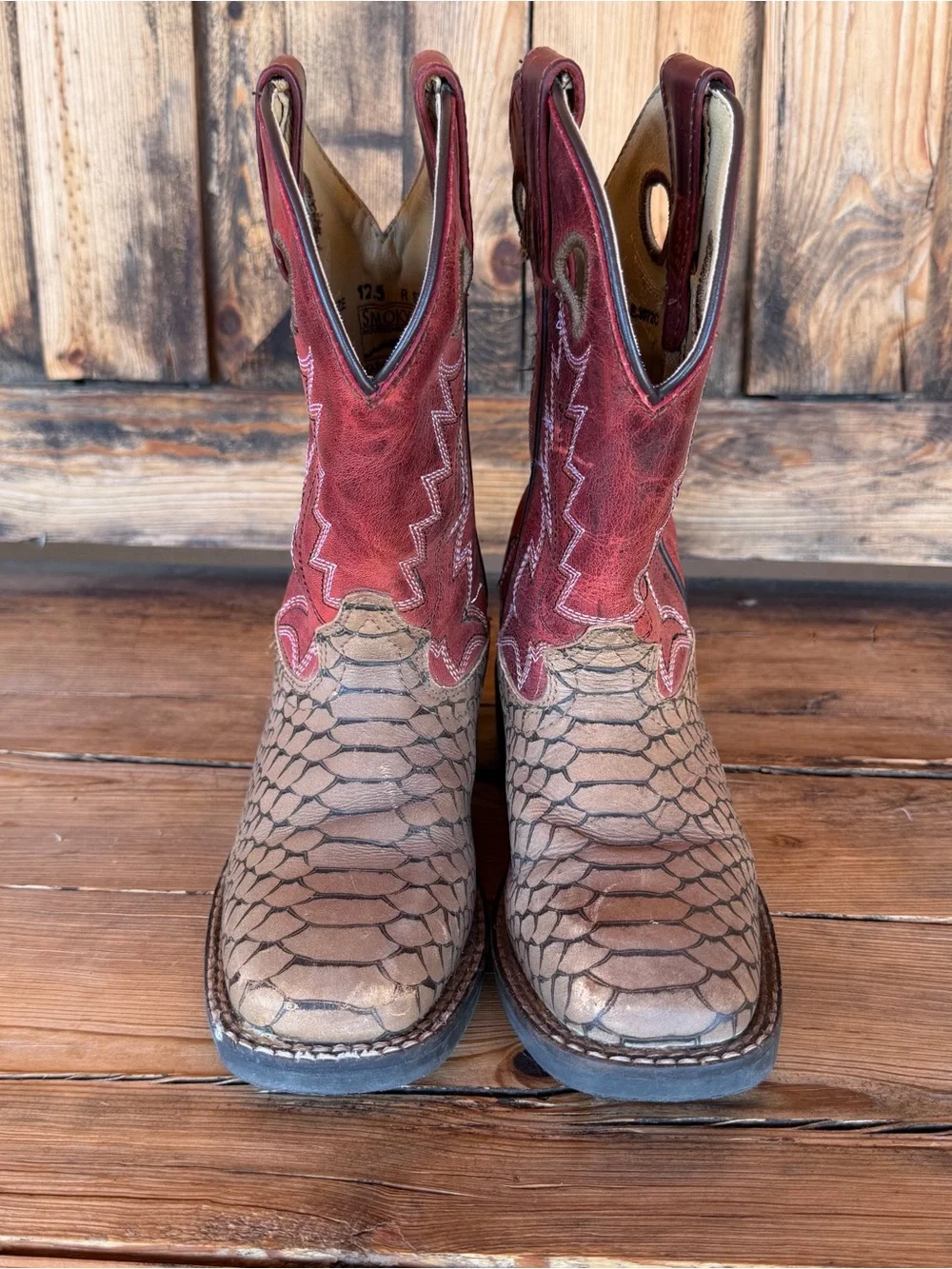Kids Smoky Mountain Viper Print Sq Toe Western Boot 3072C Red/Brown Size 12.5
